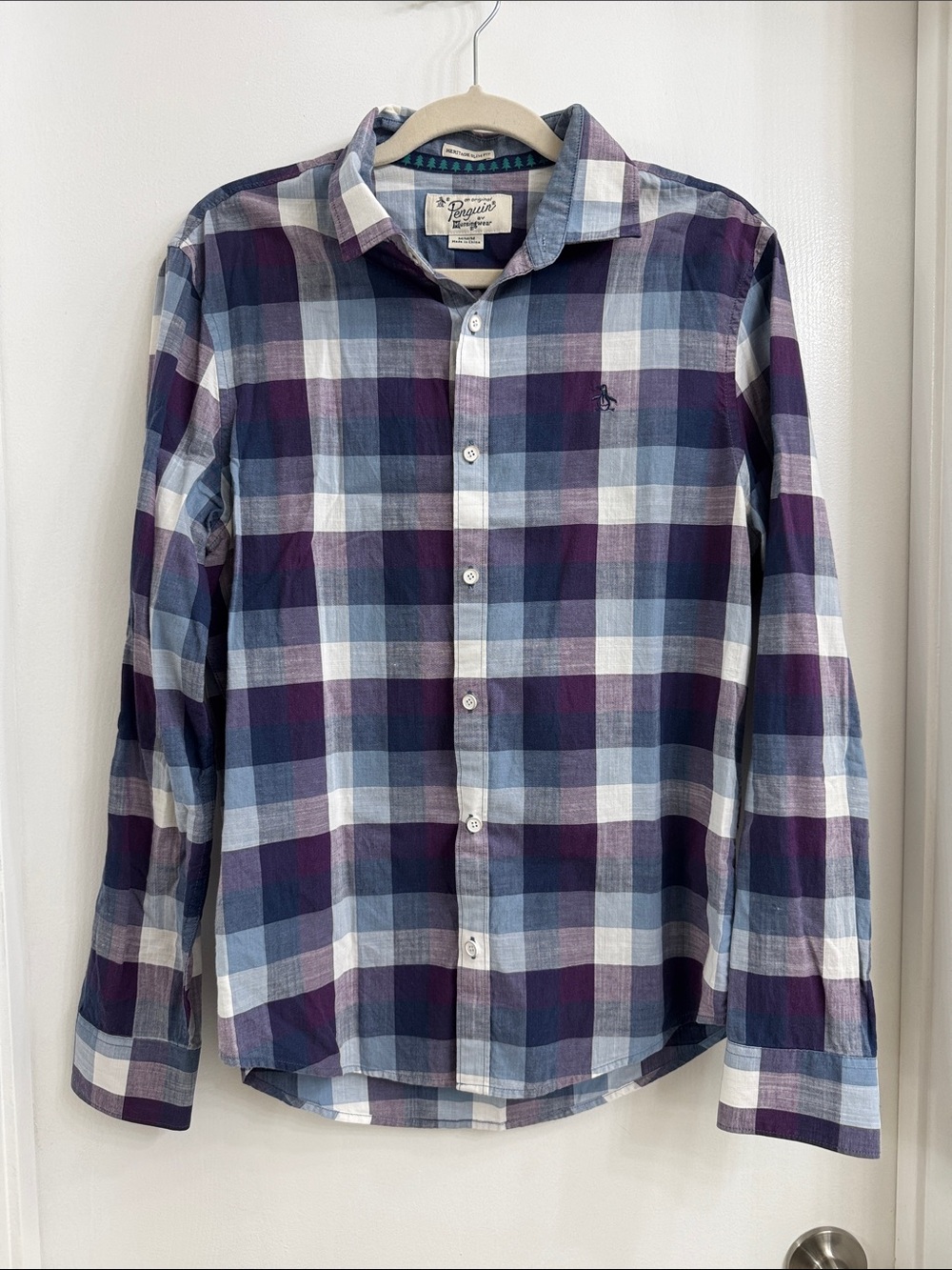 Original Penguin Purple and Blue Plaid Button-Down Shirt